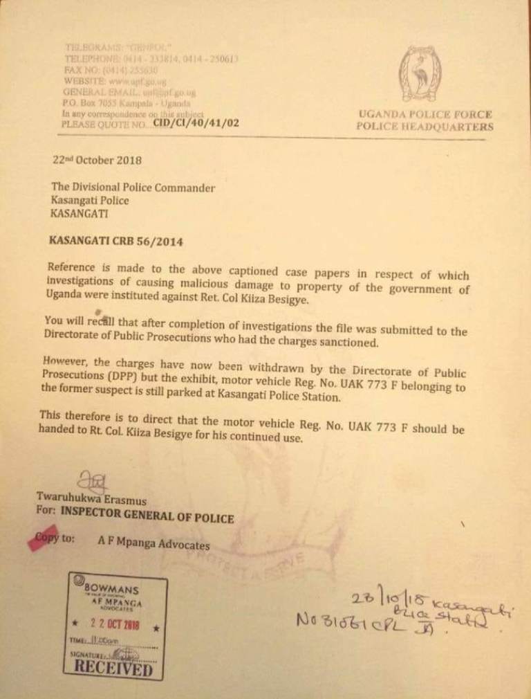 Ochola orders Kasangati Police Station to return Besigye's car
