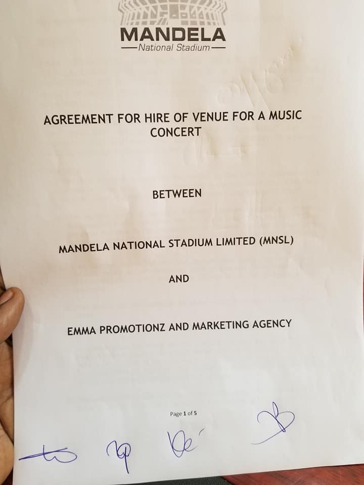Agreement of hire of Namboole stadium for Bobi Wine Kyarenga concert