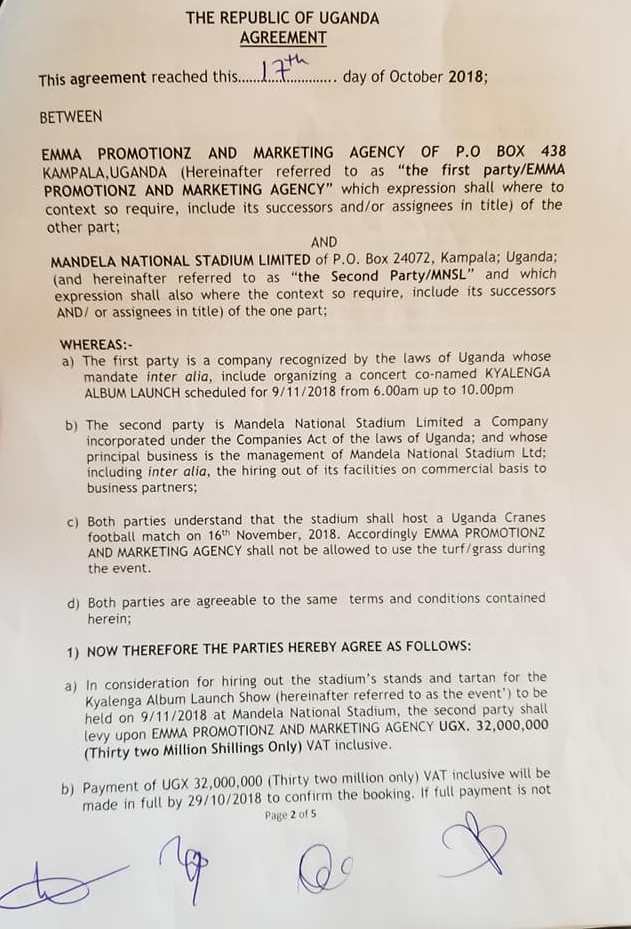 Agreement of hire of Namboole stadium for Bobi Wine Kyarenga concert2