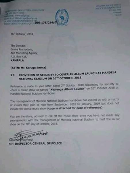 IGP Ochola letter to Bobi Wine's Kyarenga concert manager Emma Serugo
