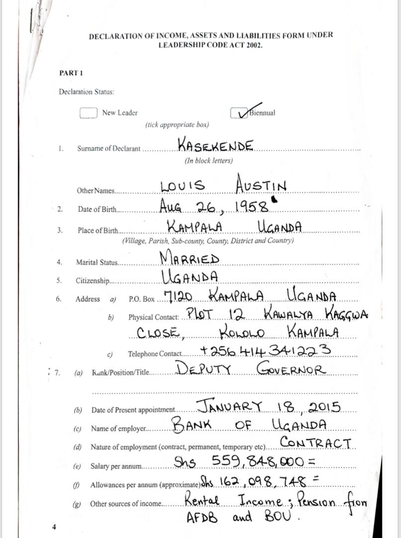 Louis Kasekende's wealth declaration form1