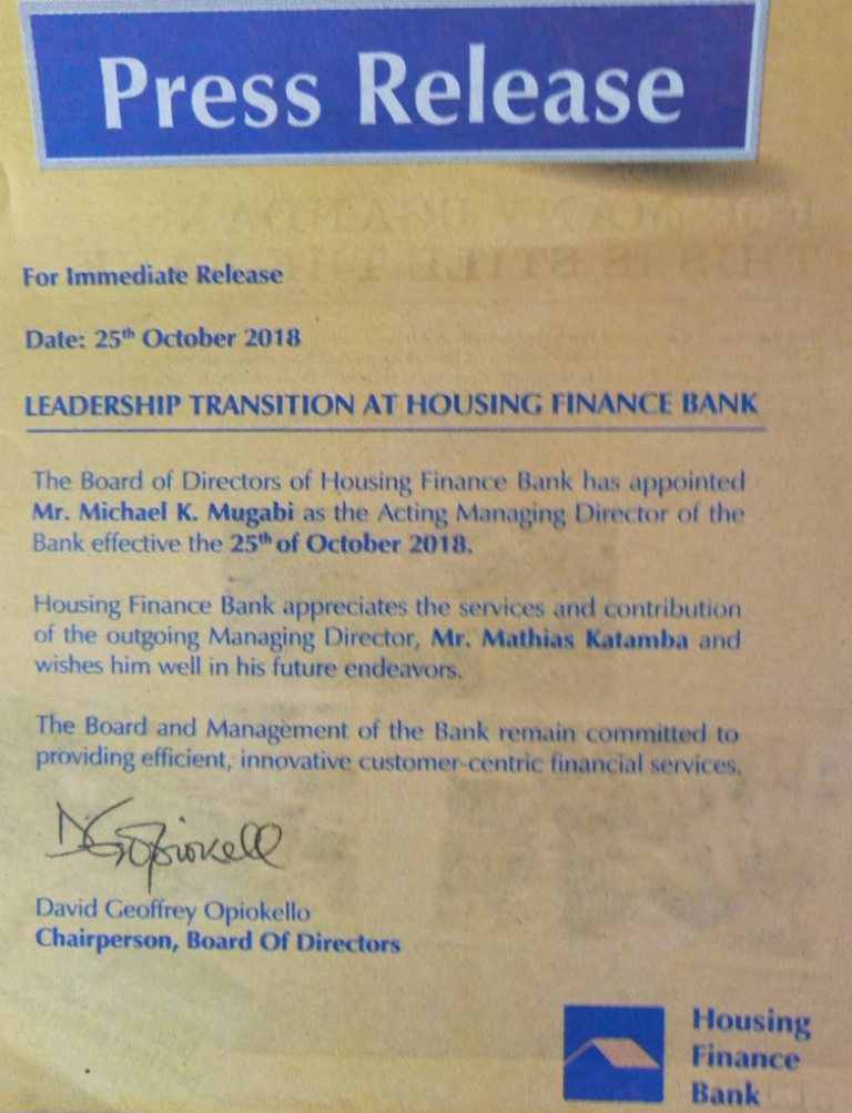 Mathias Katamba resigns as Housing Finance Bank Managing Director, replaced with Michael Mugabi