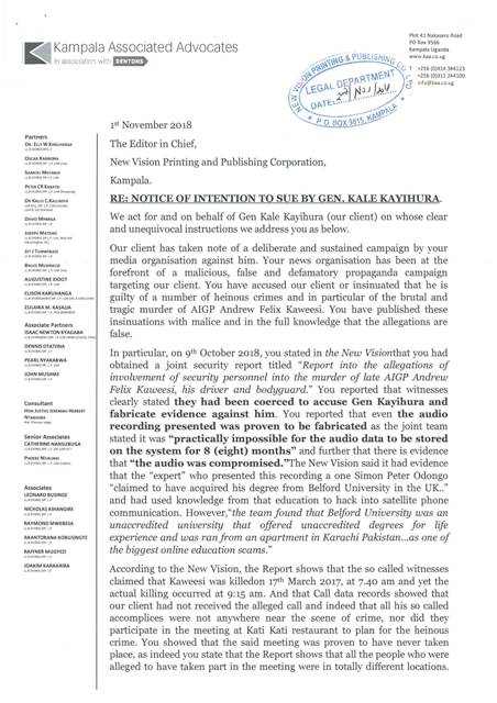 Kayihura's letter of intention to sue New Vision and other Vision Group media