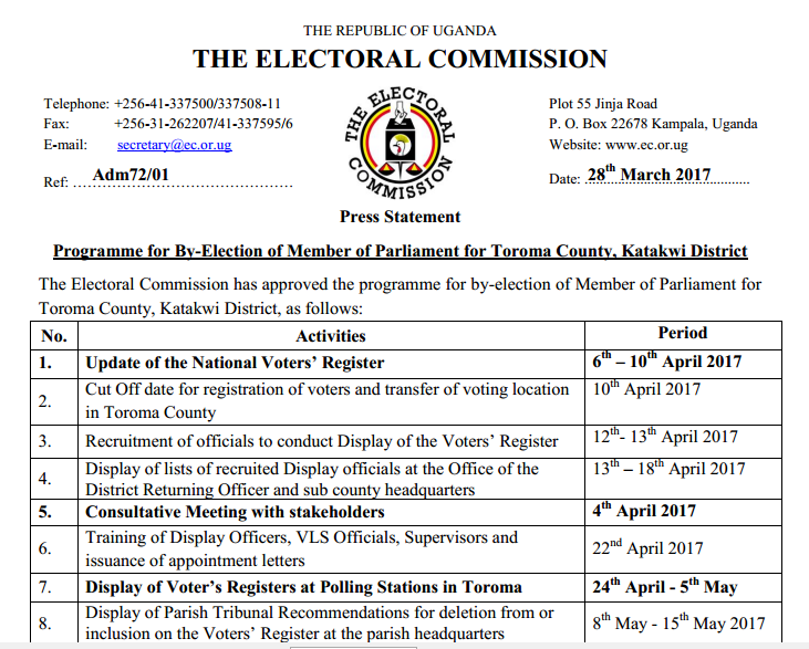 Electoral Commission Issues Programmes for Toroma, Kagoma By-elections  