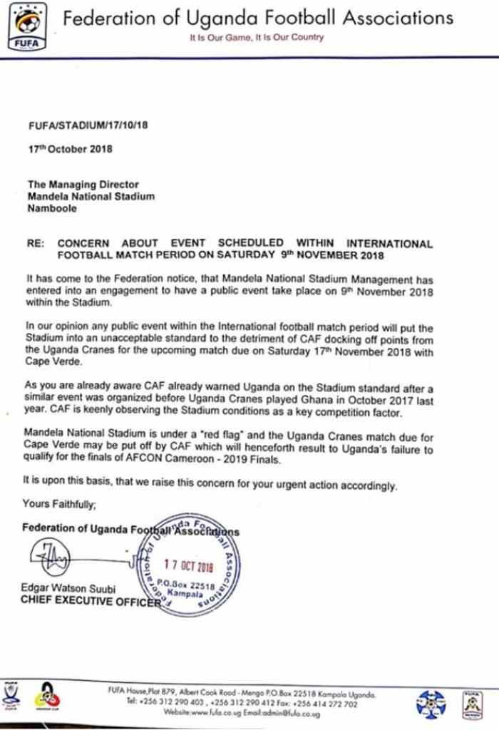 Fufa Tells Namboole to cancel Bobi Wine Kyarenga concert
