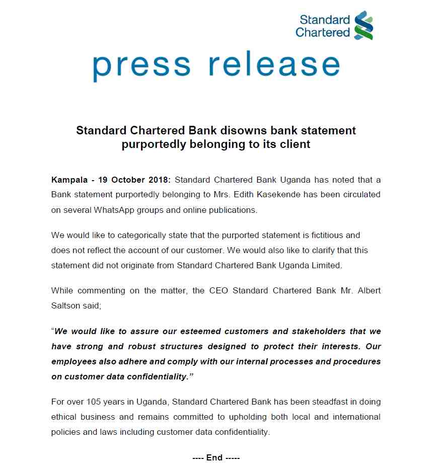 Standard Chartered Bank Disowns Edith Kasekende wealth statement
