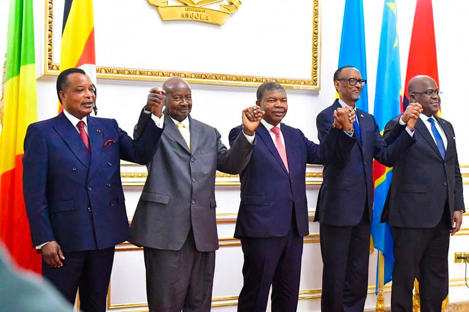 Regional leaders in Luanda at the signing of MoU between Rwanda and Uganda. Courtesy Photo