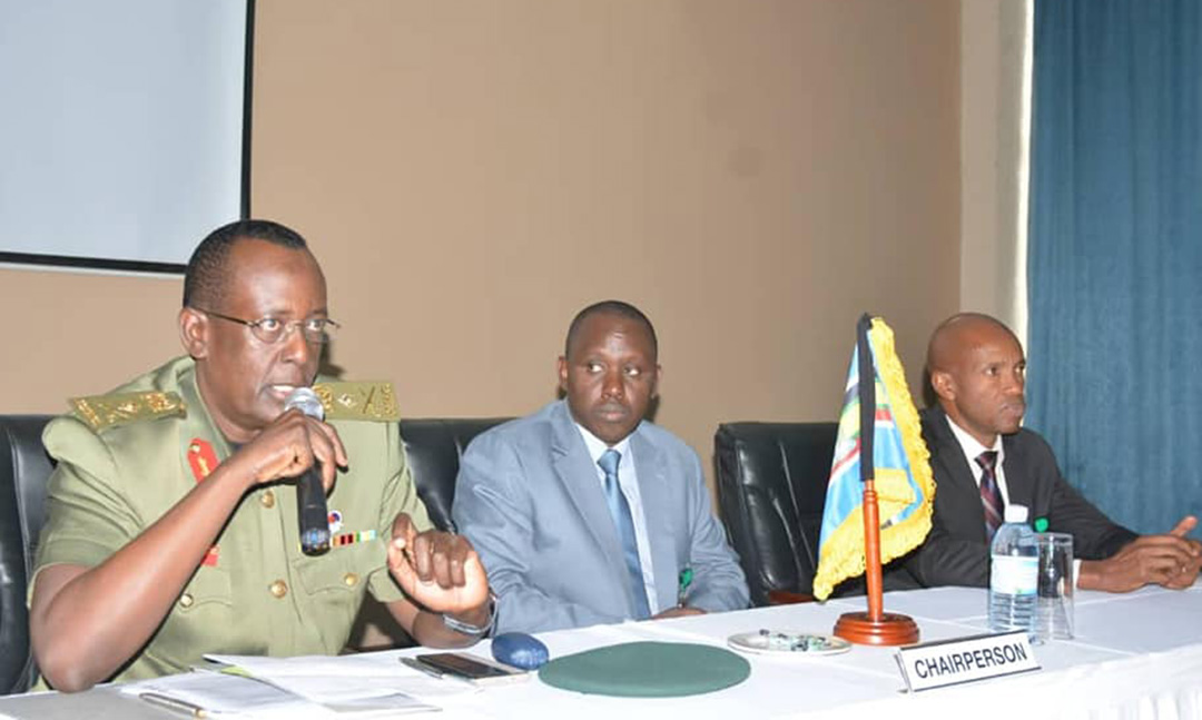 National Enterprise Corporation (Nec) managing director Lt Gen James Mugira speaking at the opening of a meeting of regional intelligence chiefs in Entebbe. Courtesy Photo