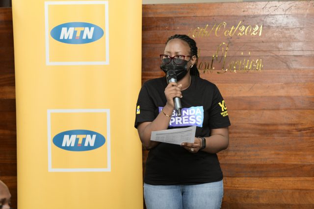 Mavis Ndagire Musungu, MTN Uganda GTM Digital Specialist speaking at a movie premiere on Kibanda Xpress, a channel hosted on YOTV Channels application(File Photo)