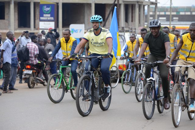 His Royal Highness King Oyo (in blue helmet) rode a section of the sport bike race category in Fort Portal town